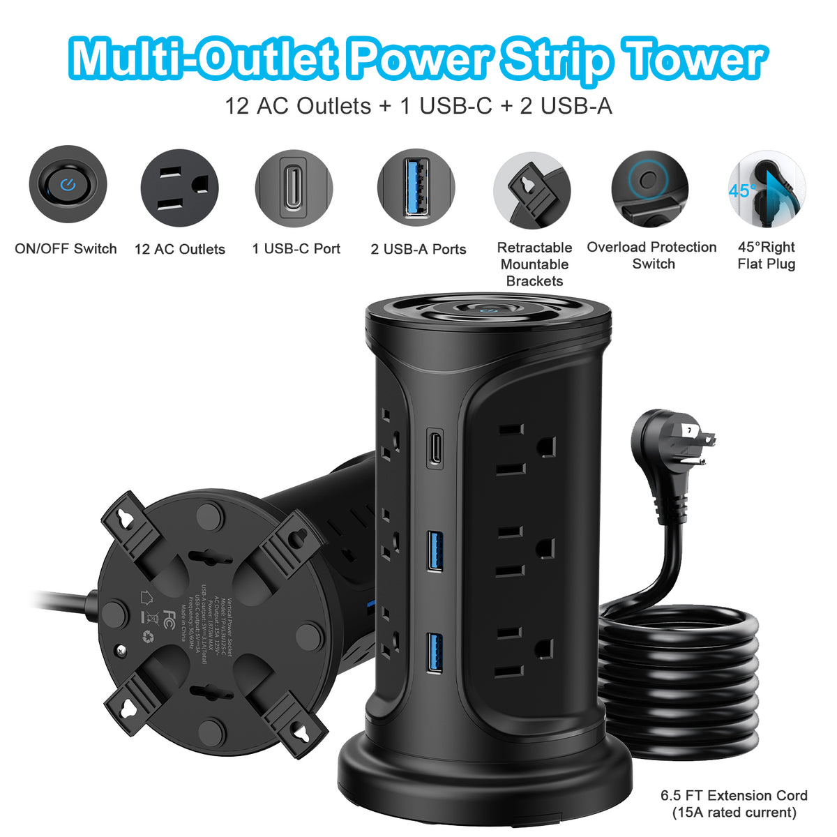 Multi-socket charging tower - 9 sockets + 4 USB with 2 meter cable