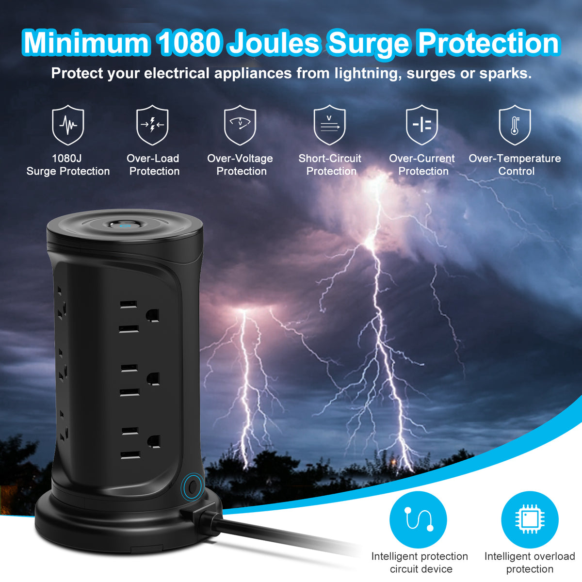 Multi-socket charging tower - 9 sockets + 4 USB with 2 meter cable