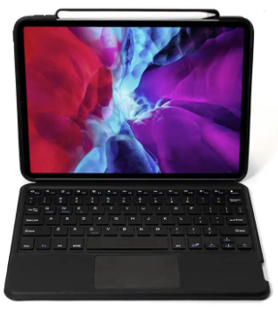 iPad folio case with Bluetooth keyboard and stylus holder