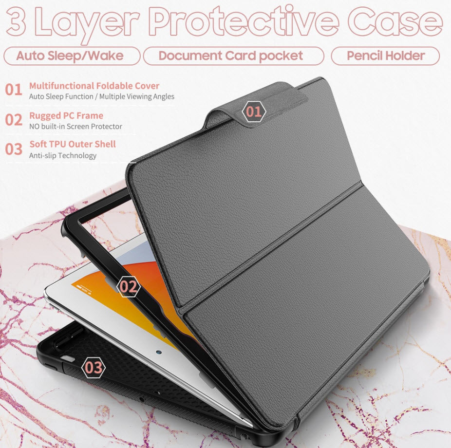 Etui Protection Intégrale en cuir noir avec couvercle intelligent