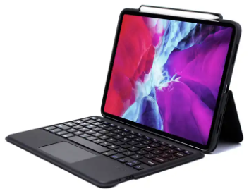 iPad folio case with Bluetooth keyboard and stylus holder