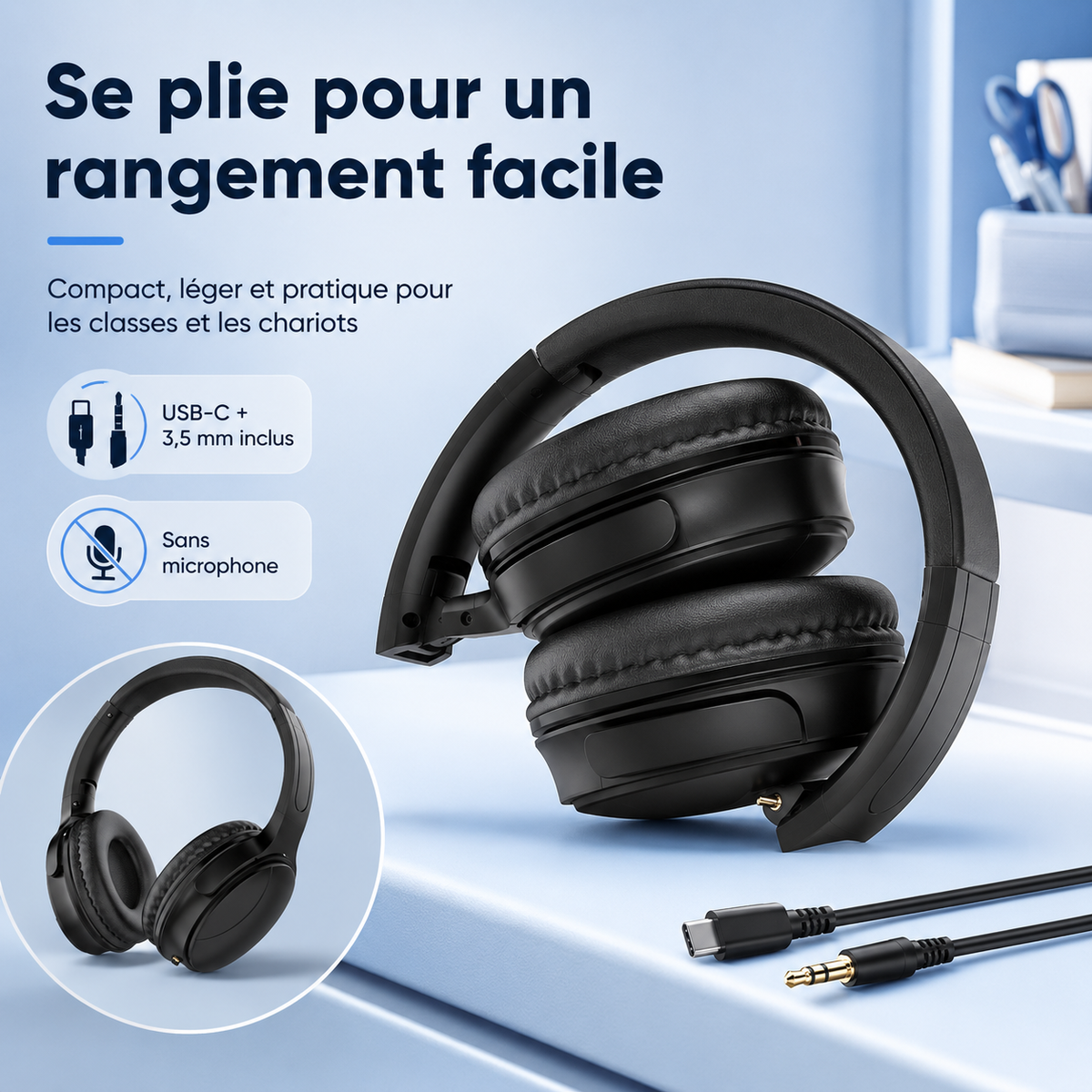 Casque d’écoute stéréo avec 2 câbles inclus USB-C + 3,5 mm | Sans microphone