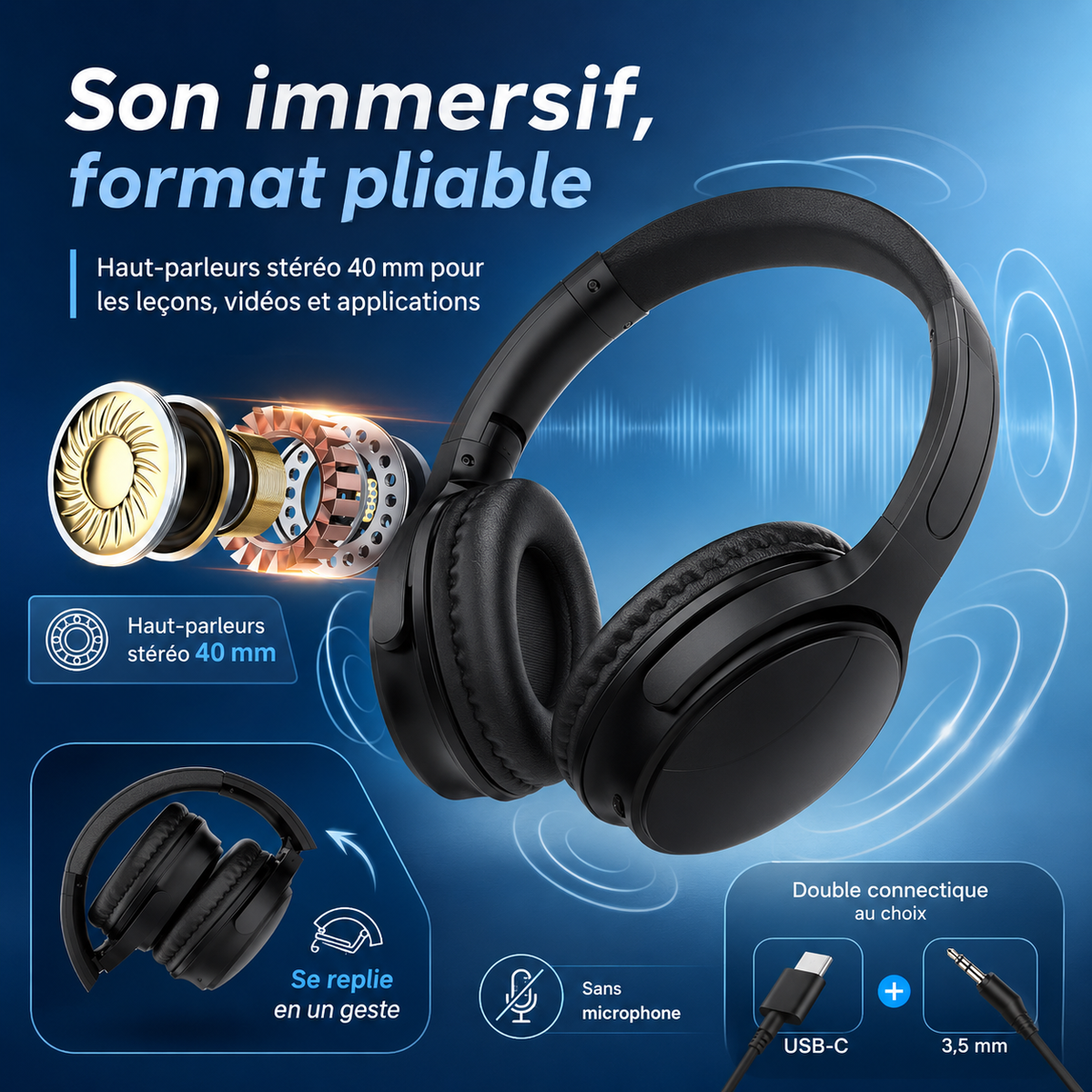 Casque d’écoute stéréo avec 2 câbles inclus USB-C + 3,5 mm | Sans microphone