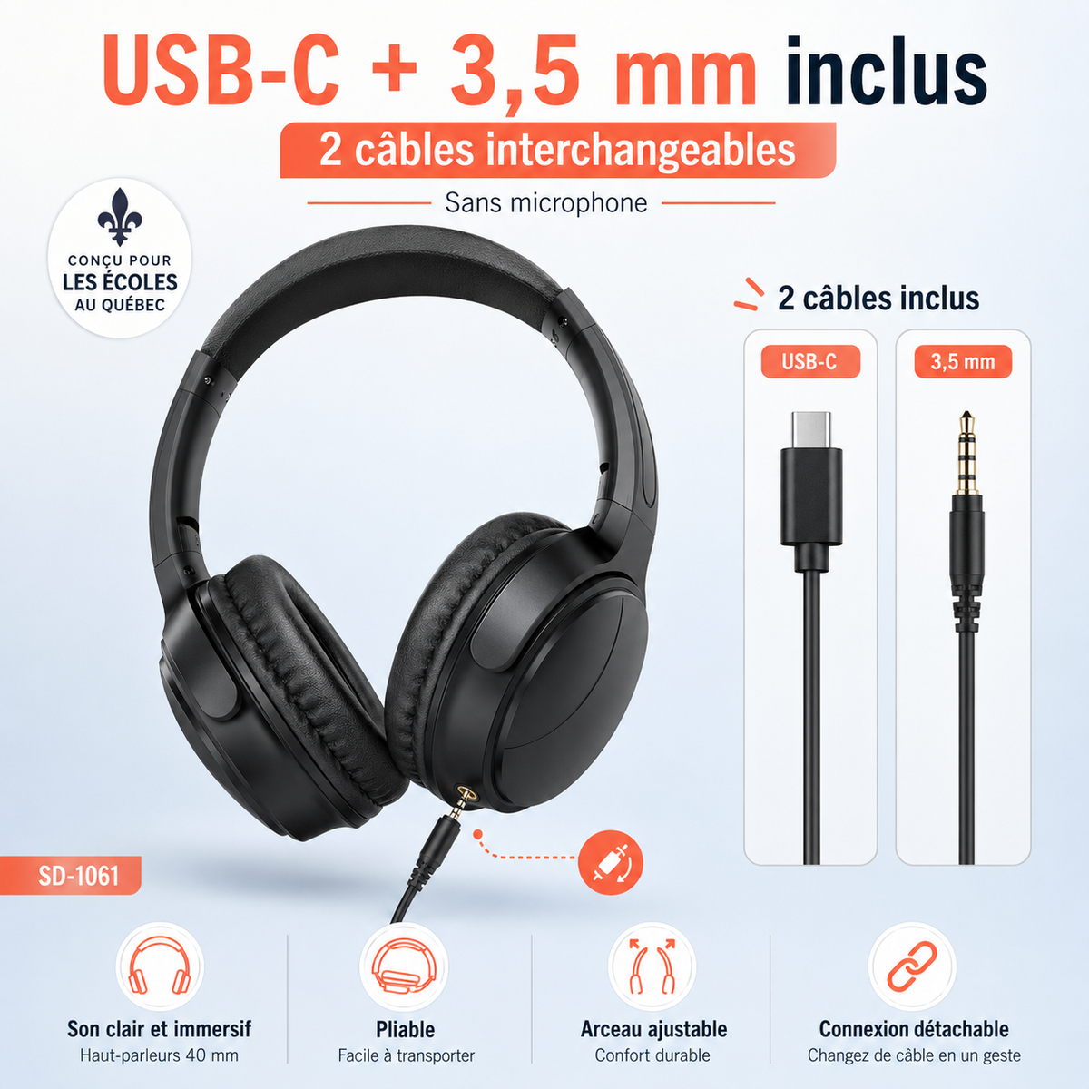 Casque d’écoute stéréo avec 2 câbles inclus USB-C + 3,5 mm | Sans microphone