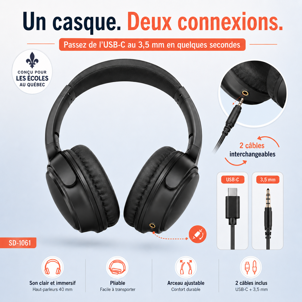 Casque d’écoute stéréo avec 2 câbles inclus USB-C + 3,5 mm | Sans microphone