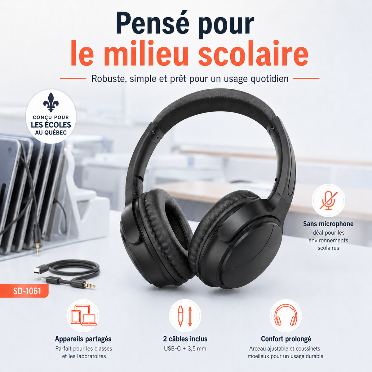 Casque d’écoute stéréo avec 2 câbles inclus USB-C + 3,5 mm | Sans microphone