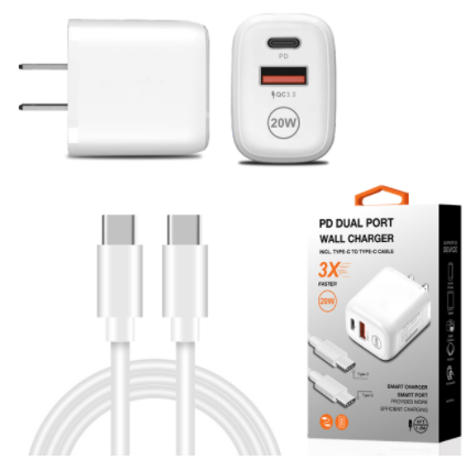 Ultra-fast USB double wall charger + Type C 20W with 4-foot Cable Cable
