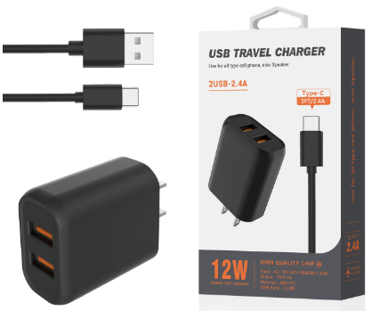 Chargeur de voyage - 2 prises USB avec cable type C
